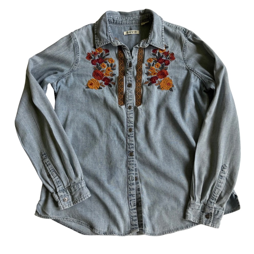 ORVIS Embroidered Floral Chambray Denim Shirt Western Cottagecore Womens Medium